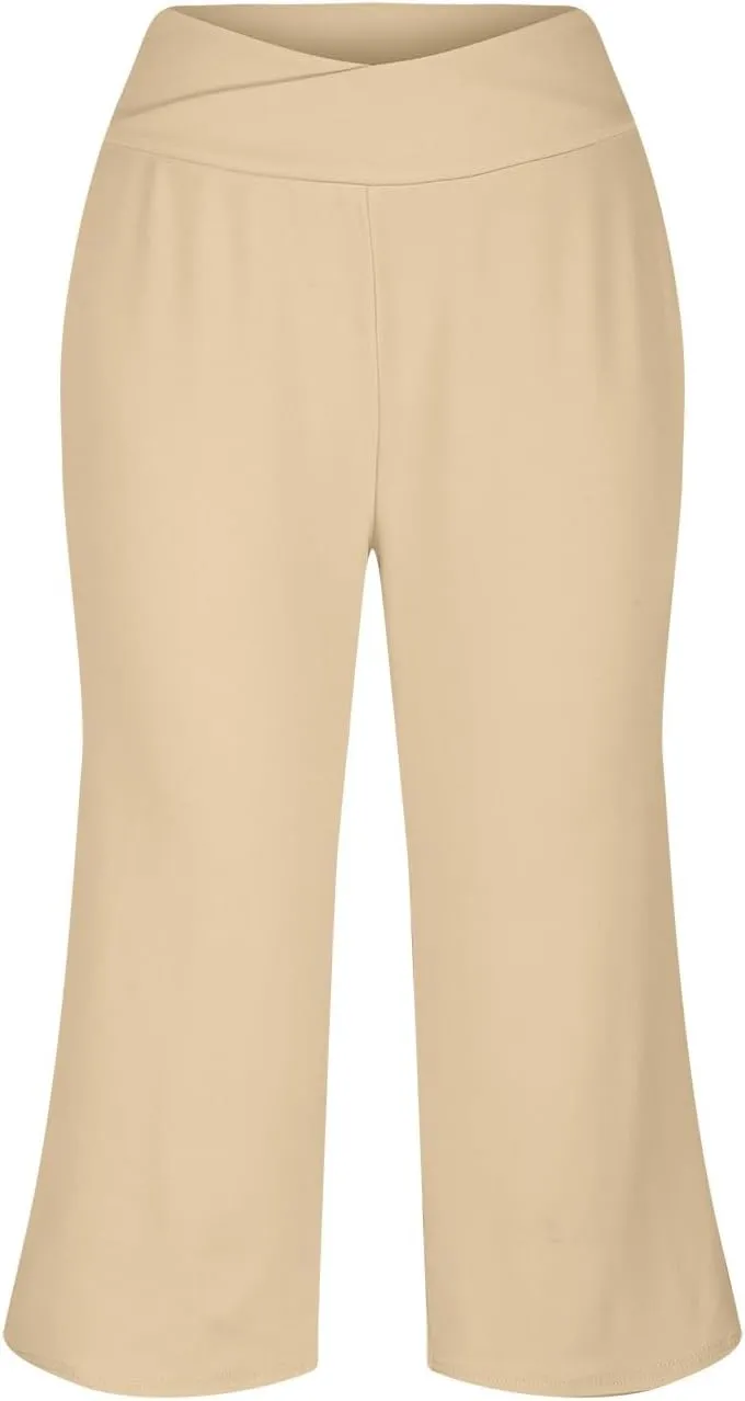 Capri Pants for Women High Waisted Wide Leg Palazzo Trousers Pull On Elastic Waist Loose Flowy Pants