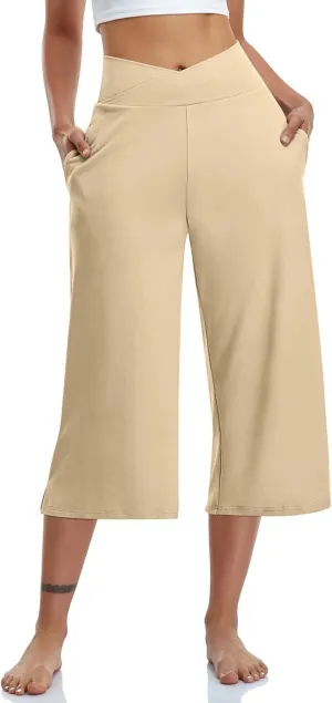 Capri Pants for Women High Waisted Wide Leg Palazzo Trousers Pull On Elastic Waist Loose Flowy Pants