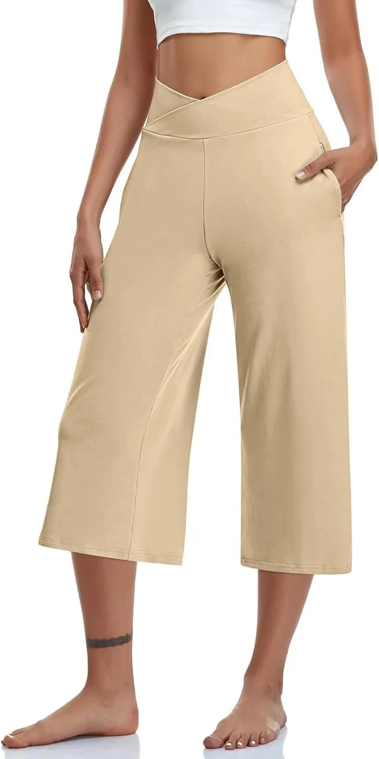 Capri Pants for Women High Waisted Wide Leg Palazzo Trousers Pull On Elastic Waist Loose Flowy Pants