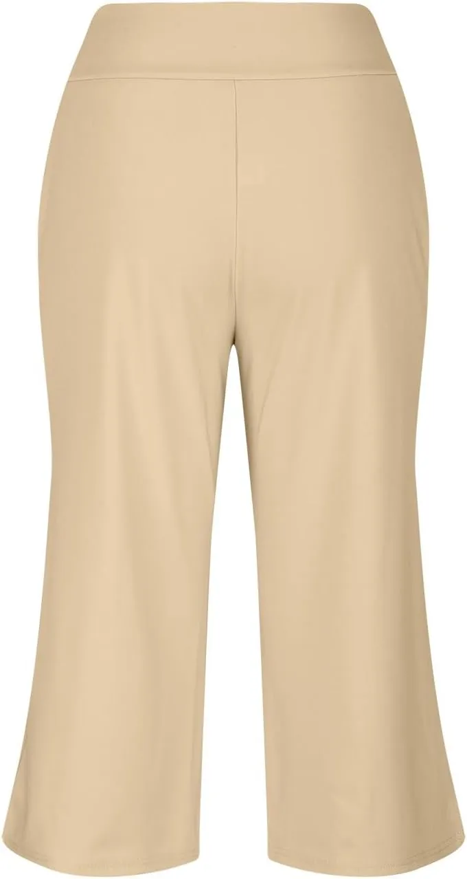 Capri Pants for Women High Waisted Wide Leg Palazzo Trousers Pull On Elastic Waist Loose Flowy Pants