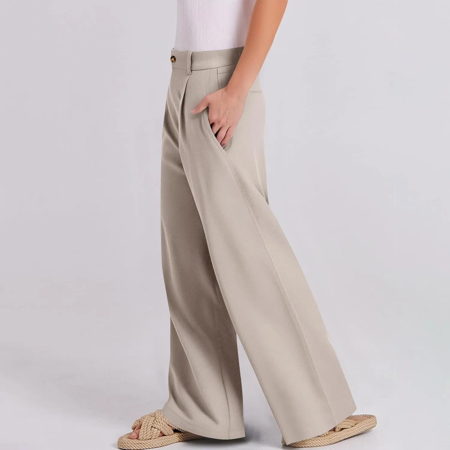 fanmpghleoo Dress Pants Women High Waisted Straight Wide Leg Linen Pants Summer Business Casual Linen Trousers with Pockets