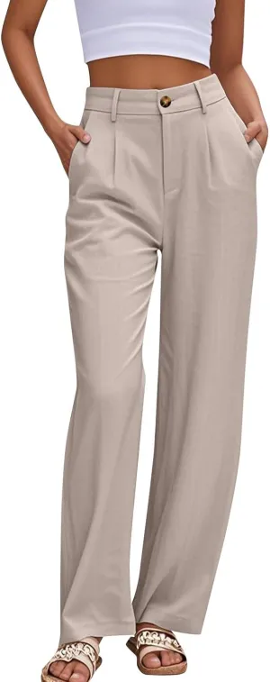fanmpghleoo Dress Pants Women High Waisted Straight Wide Leg Linen Pants Summer Business Casual Linen Trousers with Pockets
