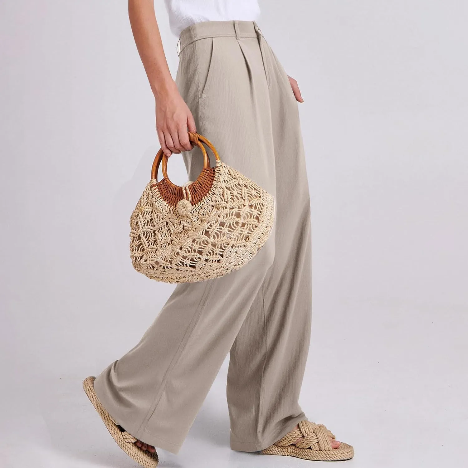 fanmpghleoo Dress Pants Women High Waisted Straight Wide Leg Linen Pants Summer Business Casual Linen Trousers with Pockets