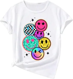 Floerns Girl's Smiling Face Graphic Crew Neck T Shirt Short Sleeve Casual Cute Tee Top