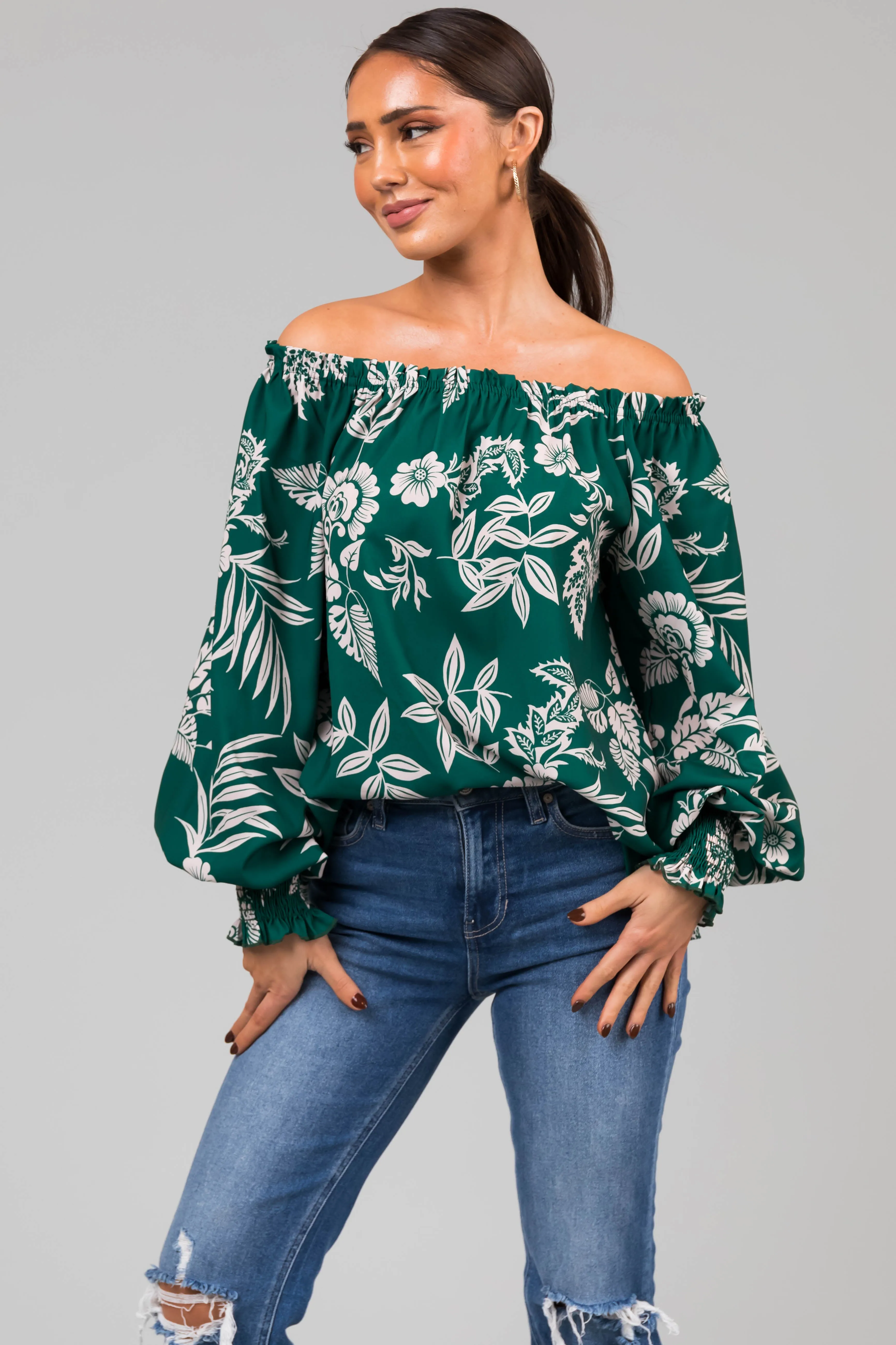 Forest Off the Shoulder Floral Print Blouse