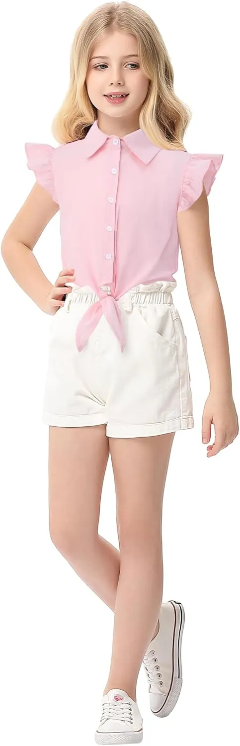 Girls Sleeveless Plaid Button Down Shirt Summer Crop Tops Tie Knot Ruffle Sleeve Shirt Blouse 3-12Y