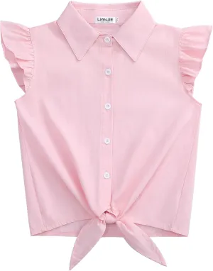 Girls Sleeveless Plaid Button Down Shirt Summer Crop Tops Tie Knot Ruffle Sleeve Shirt Blouse 3-12Y