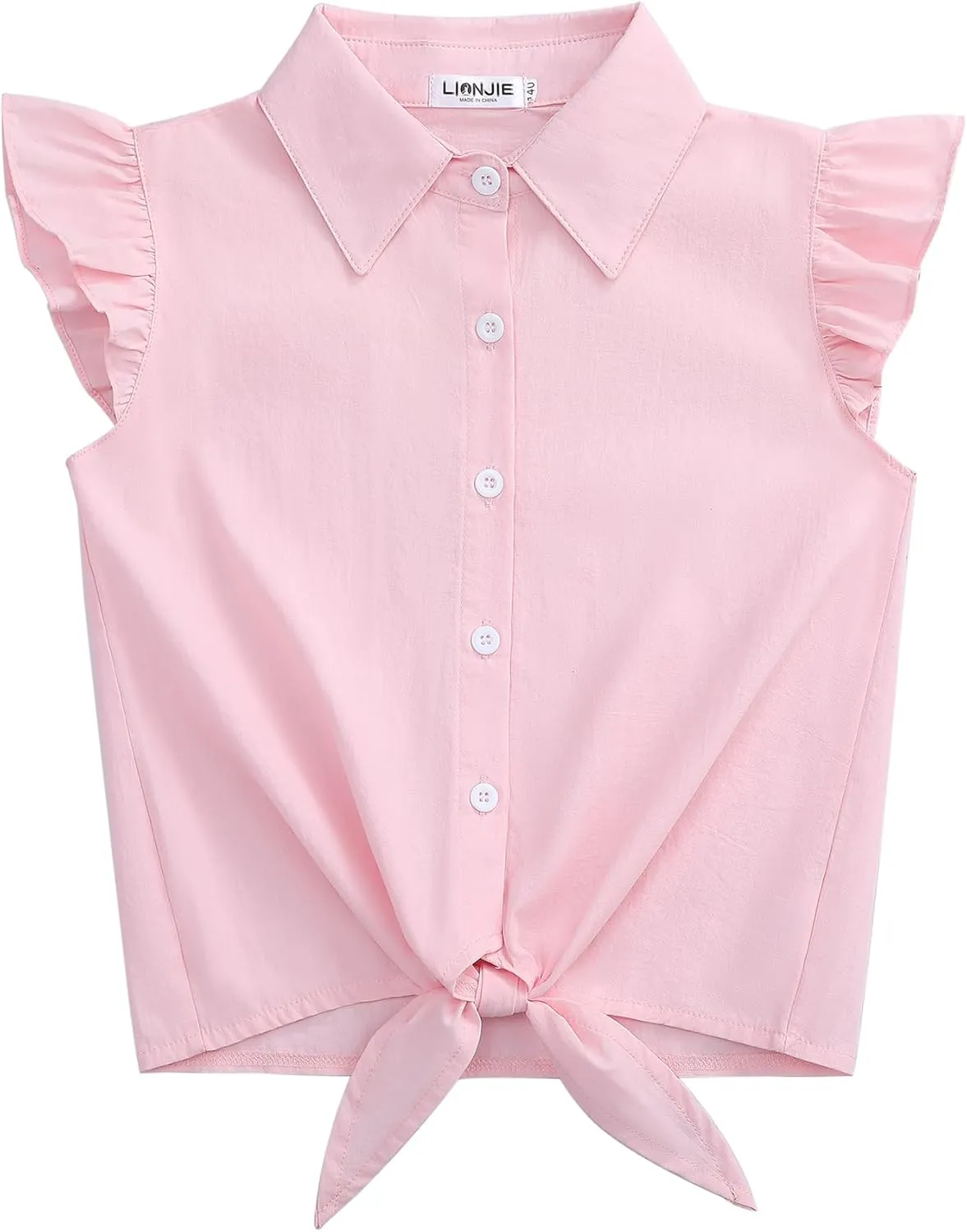 Girls Sleeveless Plaid Button Down Shirt Summer Crop Tops Tie Knot Ruffle Sleeve Shirt Blouse 3-12Y