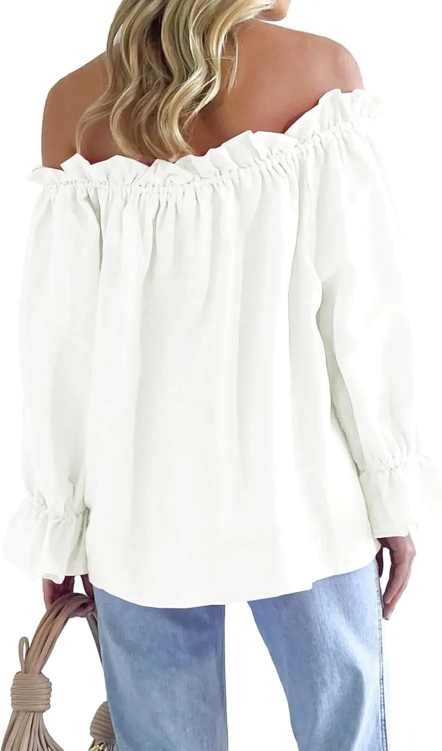 Imily Bela Womens Off The Shoulder Tops Puff Long Sleeve Tie Front Loose Fit Ruffle Shirts Blouses