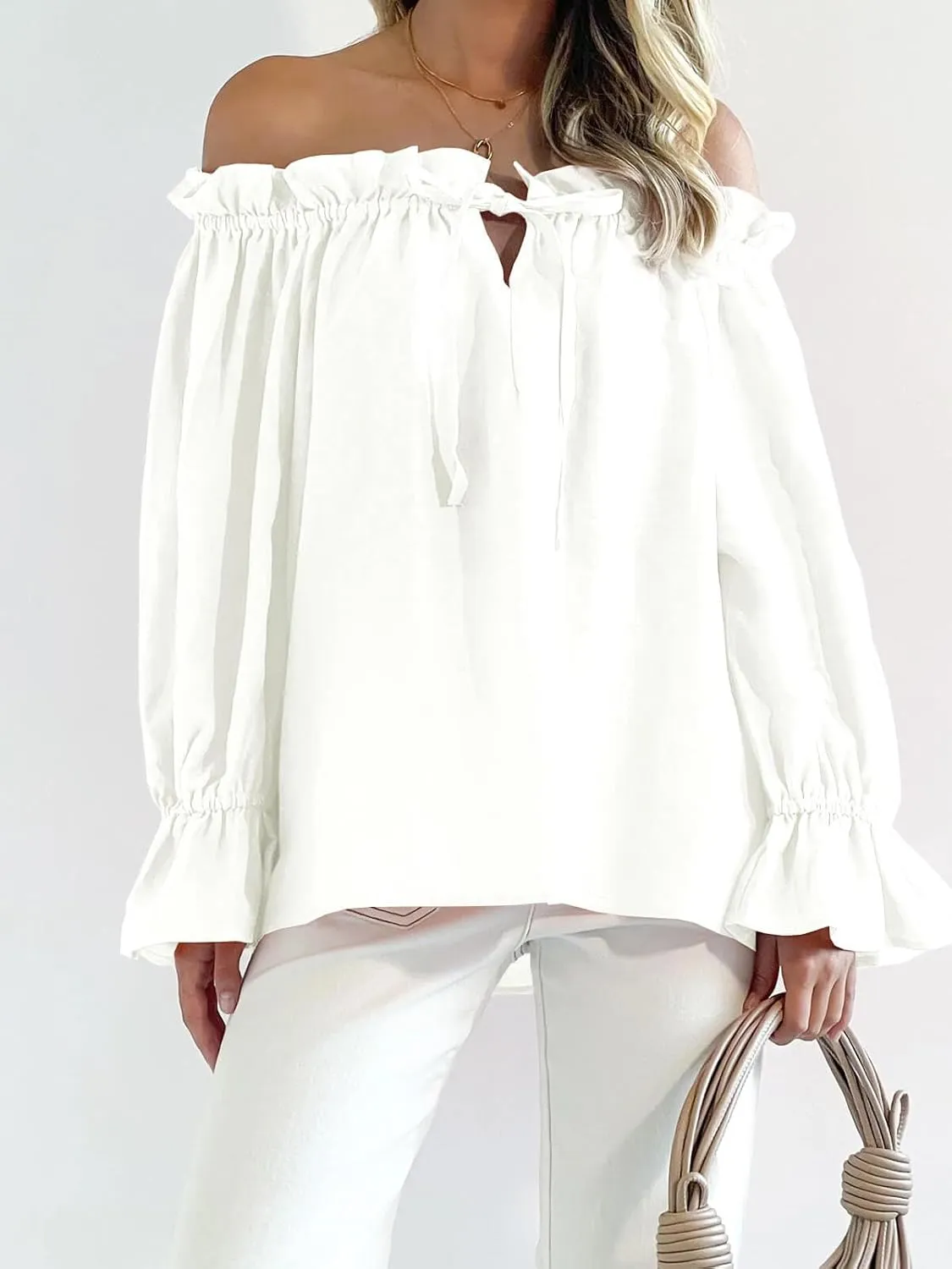 Imily Bela Womens Off The Shoulder Tops Puff Long Sleeve Tie Front Loose Fit Ruffle Shirts Blouses