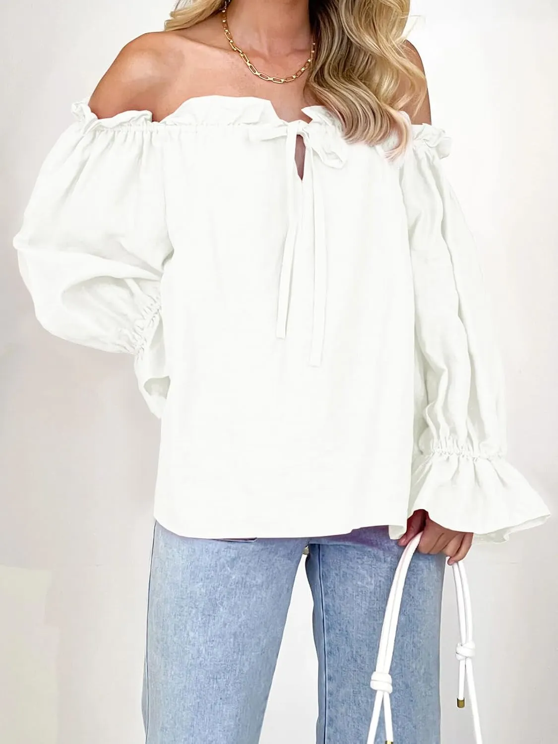 Imily Bela Womens Off The Shoulder Tops Puff Long Sleeve Tie Front Loose Fit Ruffle Shirts Blouses
