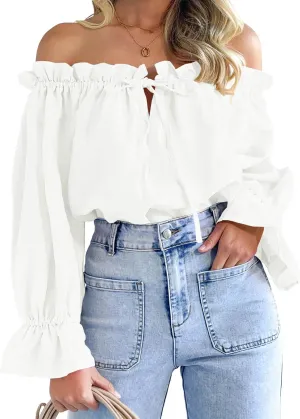 Imily Bela Womens Off The Shoulder Tops Puff Long Sleeve Tie Front Loose Fit Ruffle Shirts Blouses