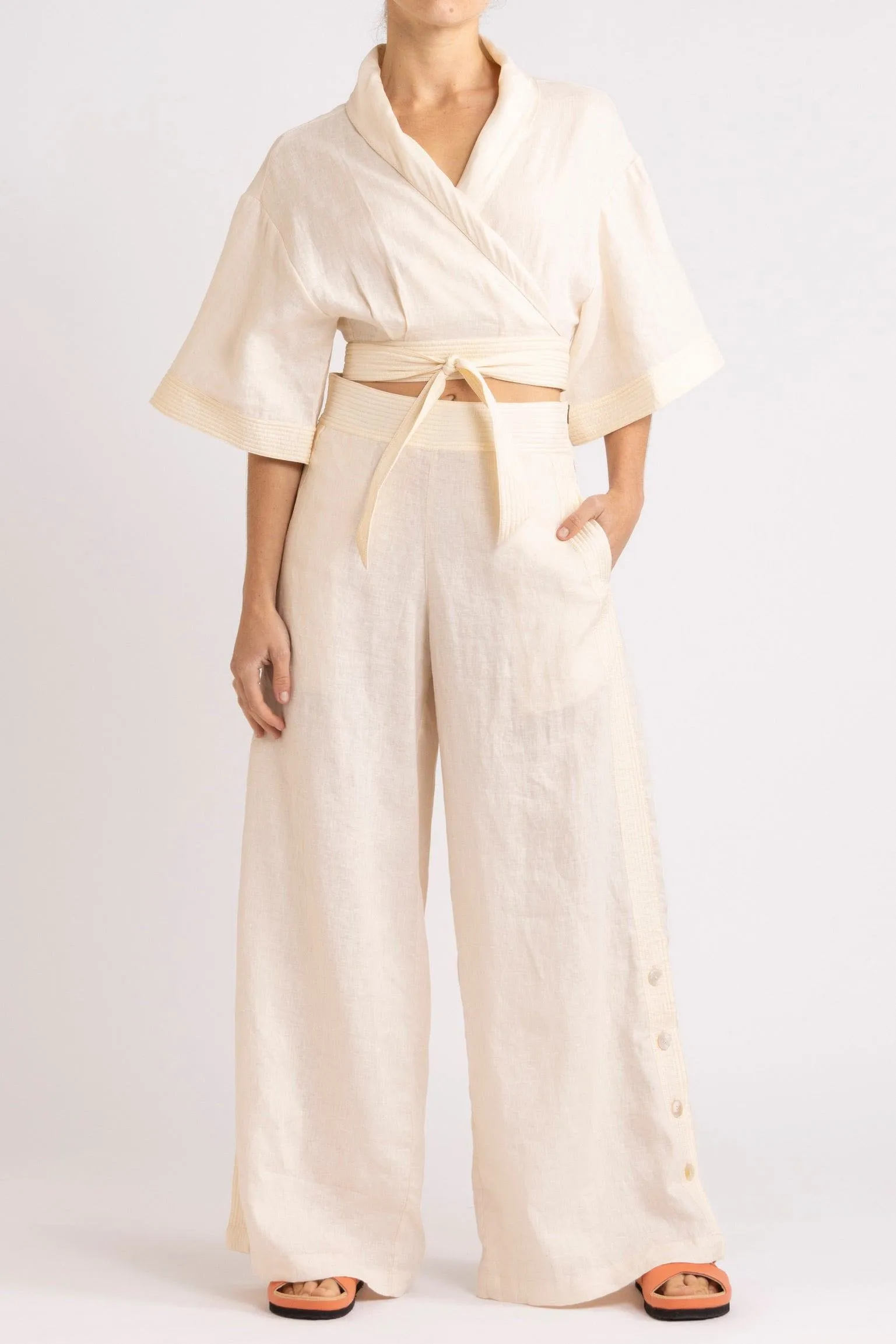 Isadora Embroidered Linen & Silk Wrap Top
