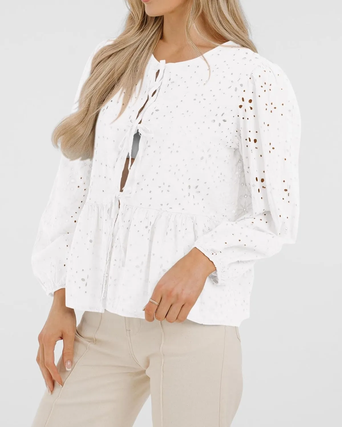 KIRUNDO Womens Tops Casual Dressy Tie Front Bow Puff Sleeve Eyelet Peplum Babydoll Cute Shirts 2025 Spring Trendy Blouse