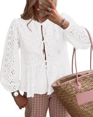 KIRUNDO Womens Tops Casual Dressy Tie Front Bow Puff Sleeve Eyelet Peplum Babydoll Cute Shirts 2025 Spring Trendy Blouse