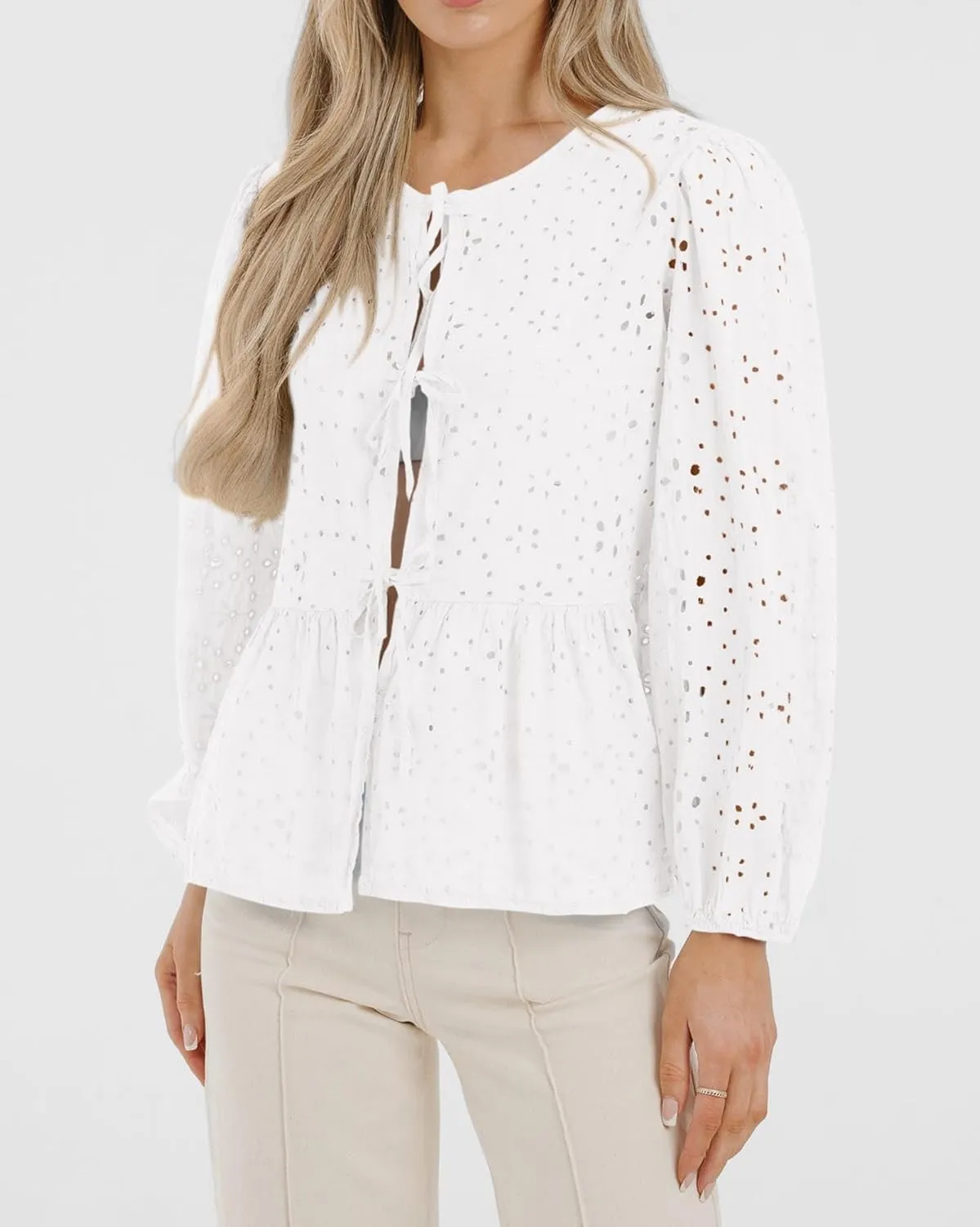 KIRUNDO Womens Tops Casual Dressy Tie Front Bow Puff Sleeve Eyelet Peplum Babydoll Cute Shirts 2025 Spring Trendy Blouse