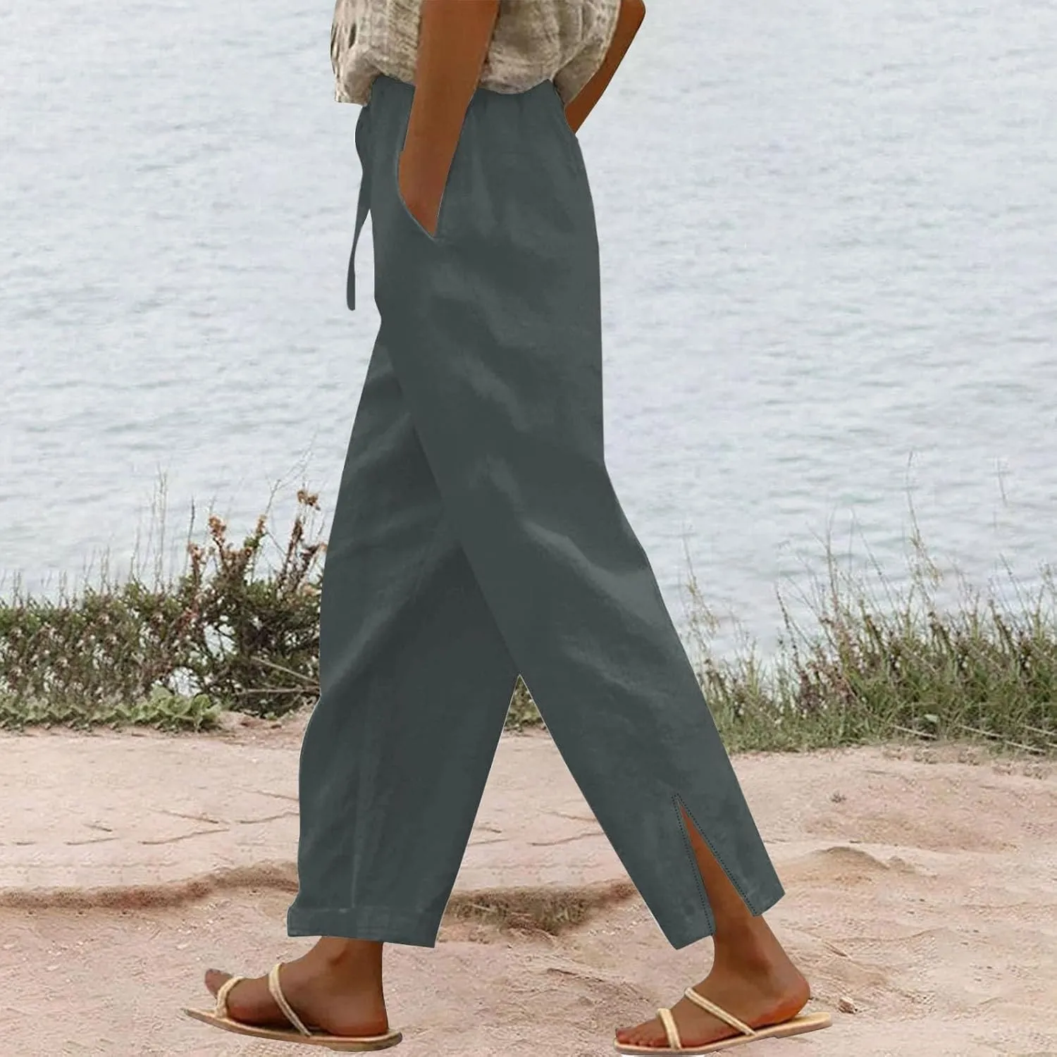 Linen Pants Women Petite 2025 Trendy Slit Wide Leg Beach Pants Summer Casual Loose Fit Lightweight Gauze Trousers