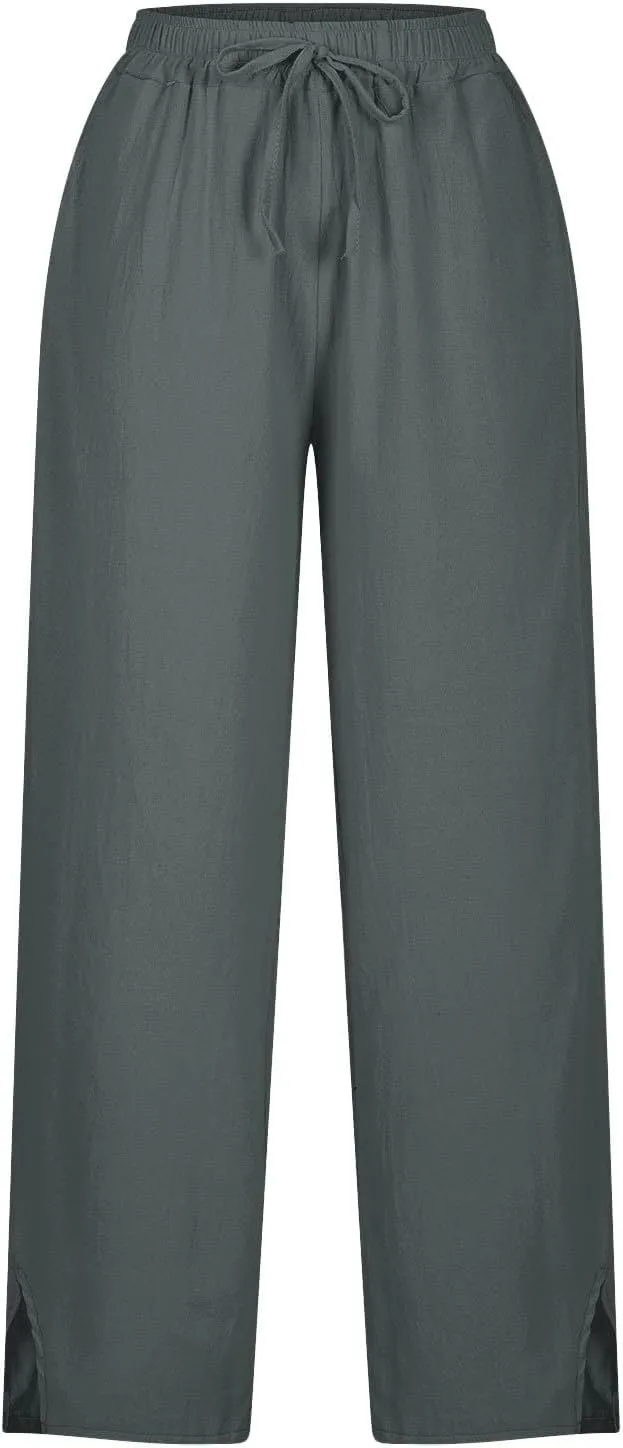 Linen Pants Women Petite 2025 Trendy Slit Wide Leg Beach Pants Summer Casual Loose Fit Lightweight Gauze Trousers