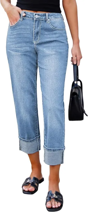 luvamia Straight Leg Jeans for Women Trendy Cropped High Waisted Cuffed Hem Stretchy Boyfriend Capri Jeans with Pockets