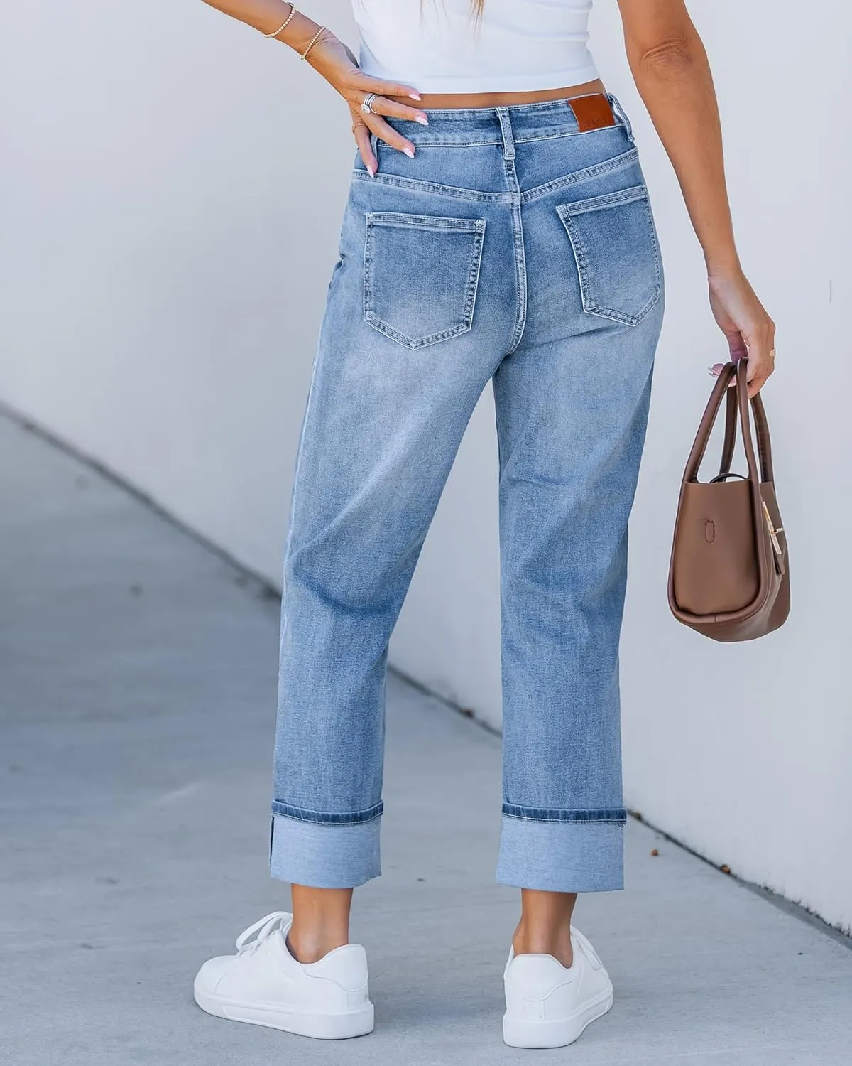 luvamia Straight Leg Jeans for Women Trendy Cropped High Waisted Cuffed Hem Stretchy Boyfriend Capri Jeans with Pockets