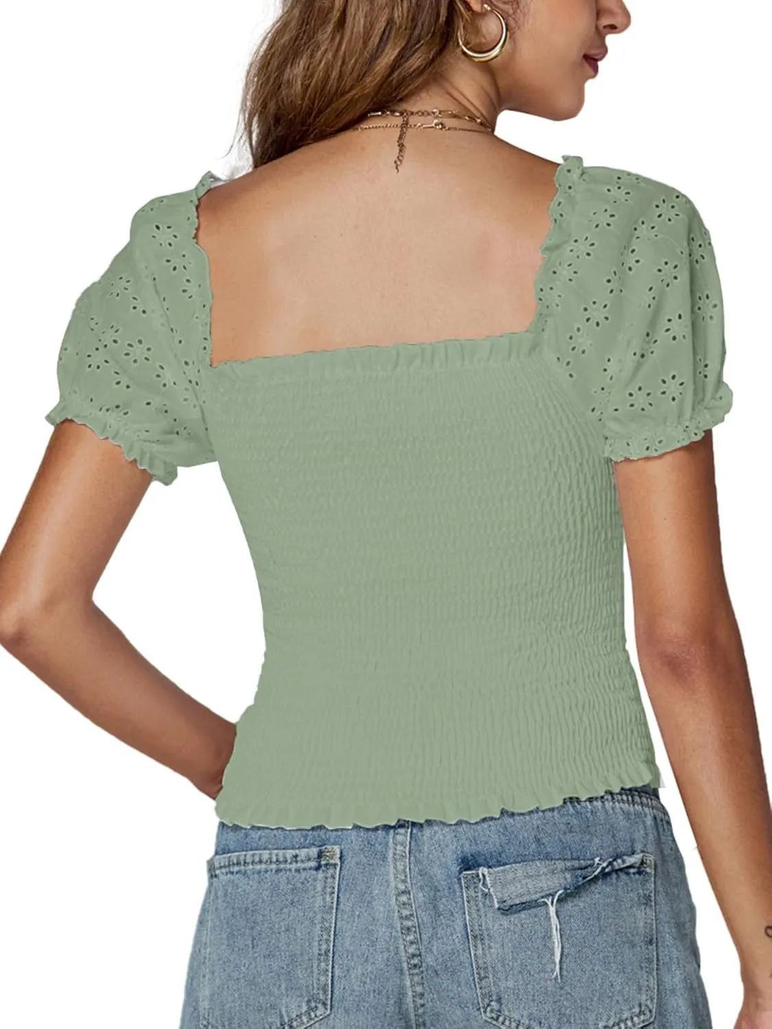 LYANER Women's Square Neck Shirred Eyelet Embroidered Puff Short Sleeve Ruffle Trim Blouse Crop Top