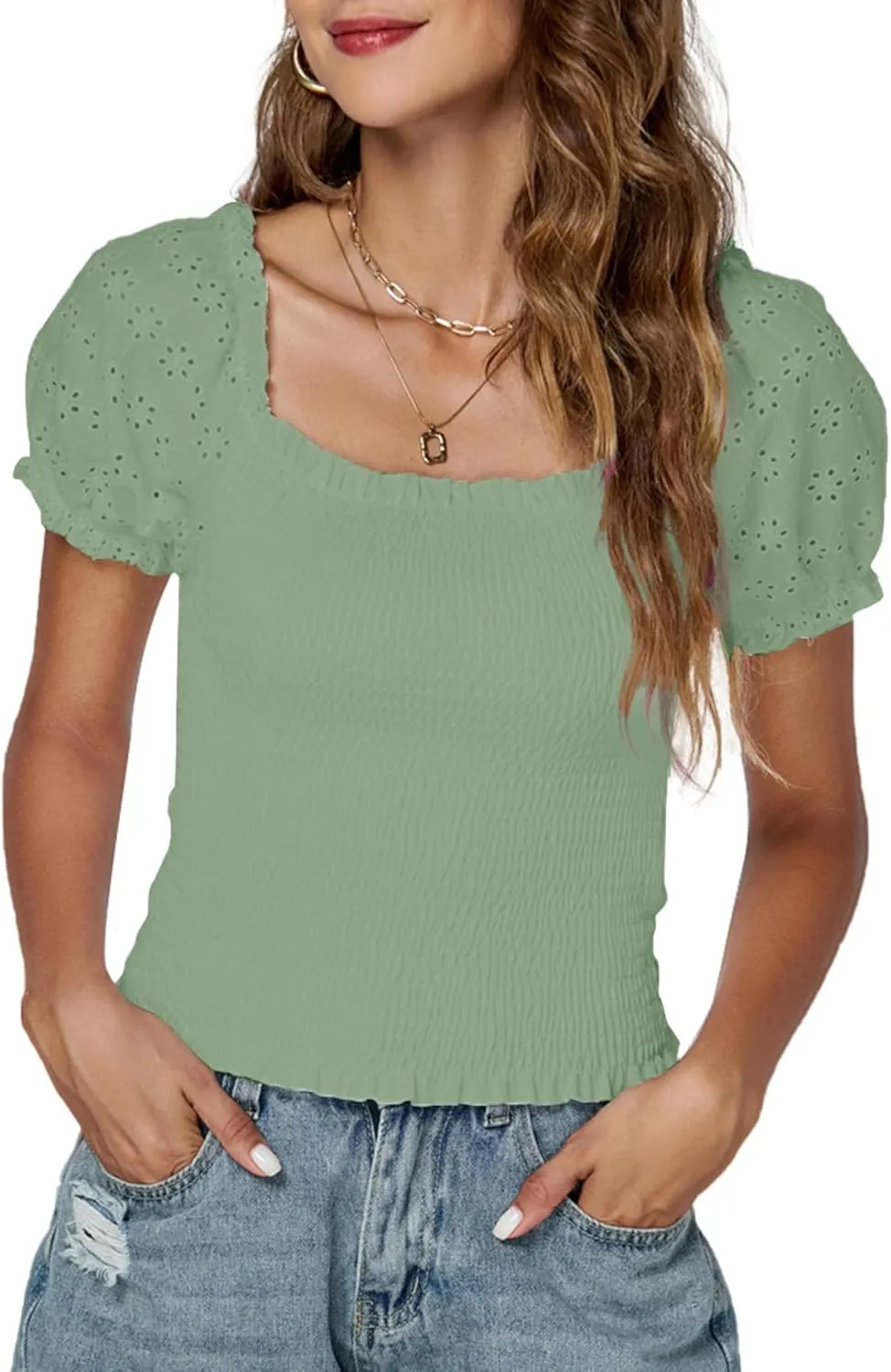 LYANER Women's Square Neck Shirred Eyelet Embroidered Puff Short Sleeve Ruffle Trim Blouse Crop Top