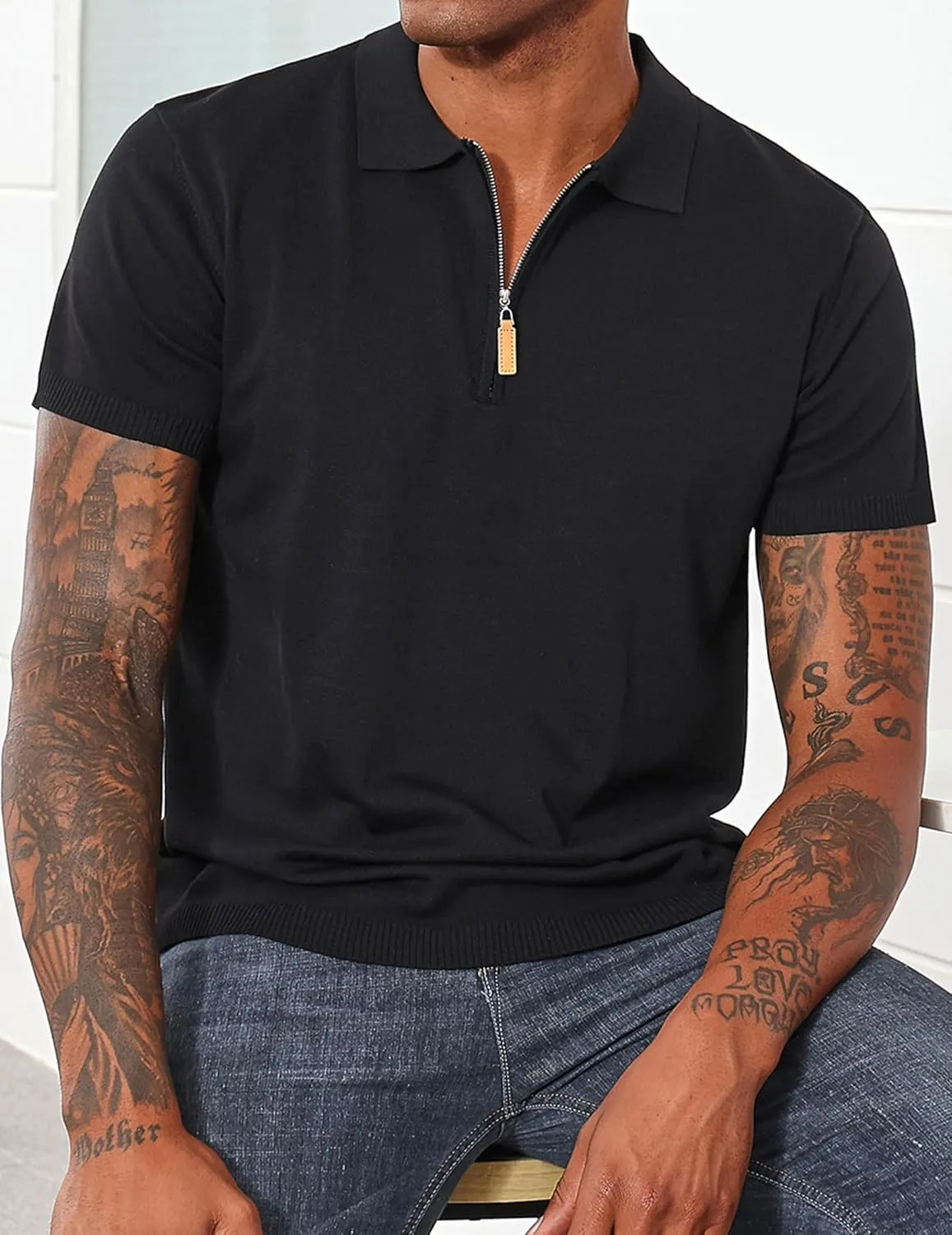 Men's Casual Zipper Polo Shirts Regular Fit Short Sleeve Knitting Shirts Stretchy Golf Shirts