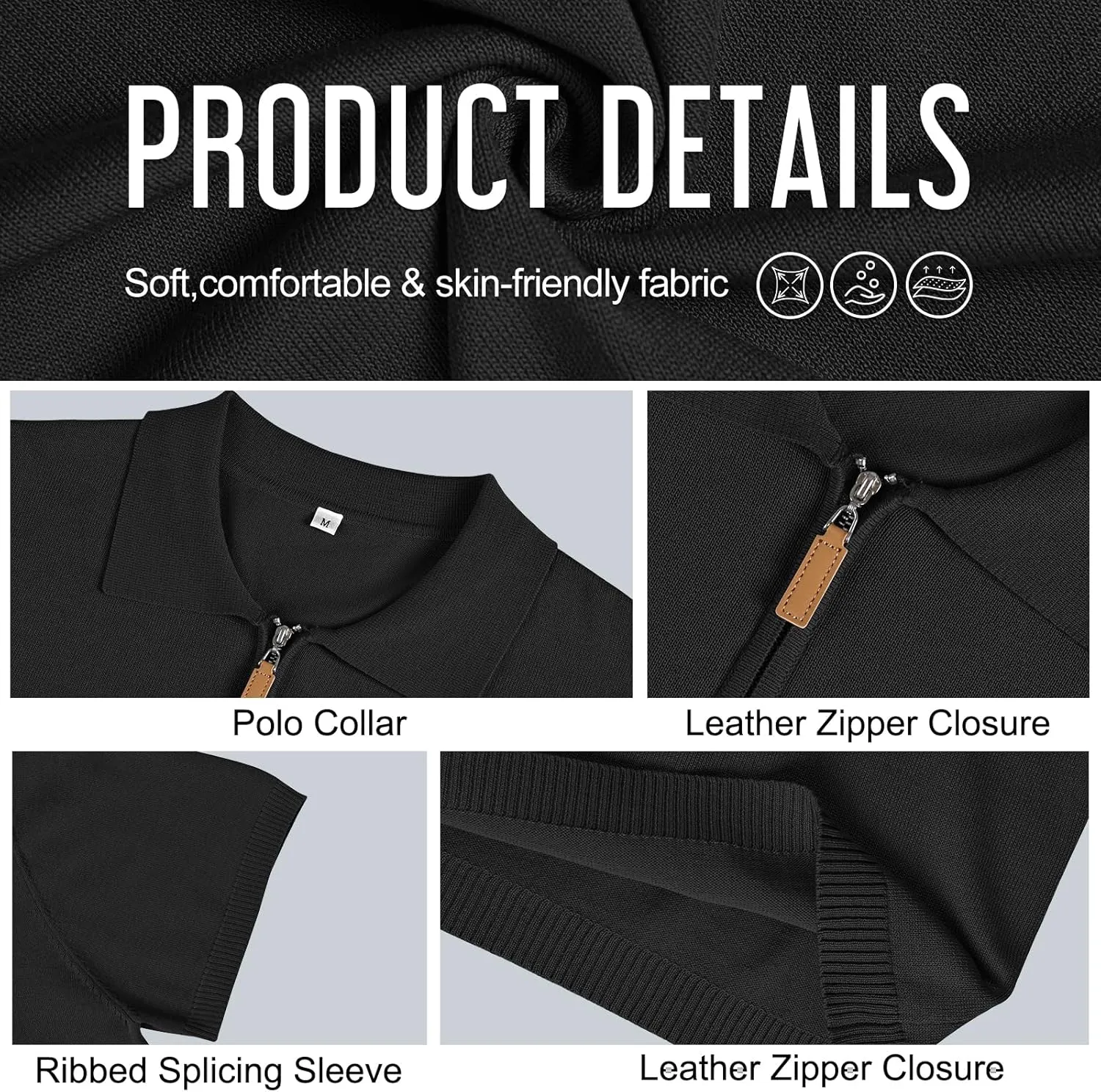 Men's Casual Zipper Polo Shirts Regular Fit Short Sleeve Knitting Shirts Stretchy Golf Shirts