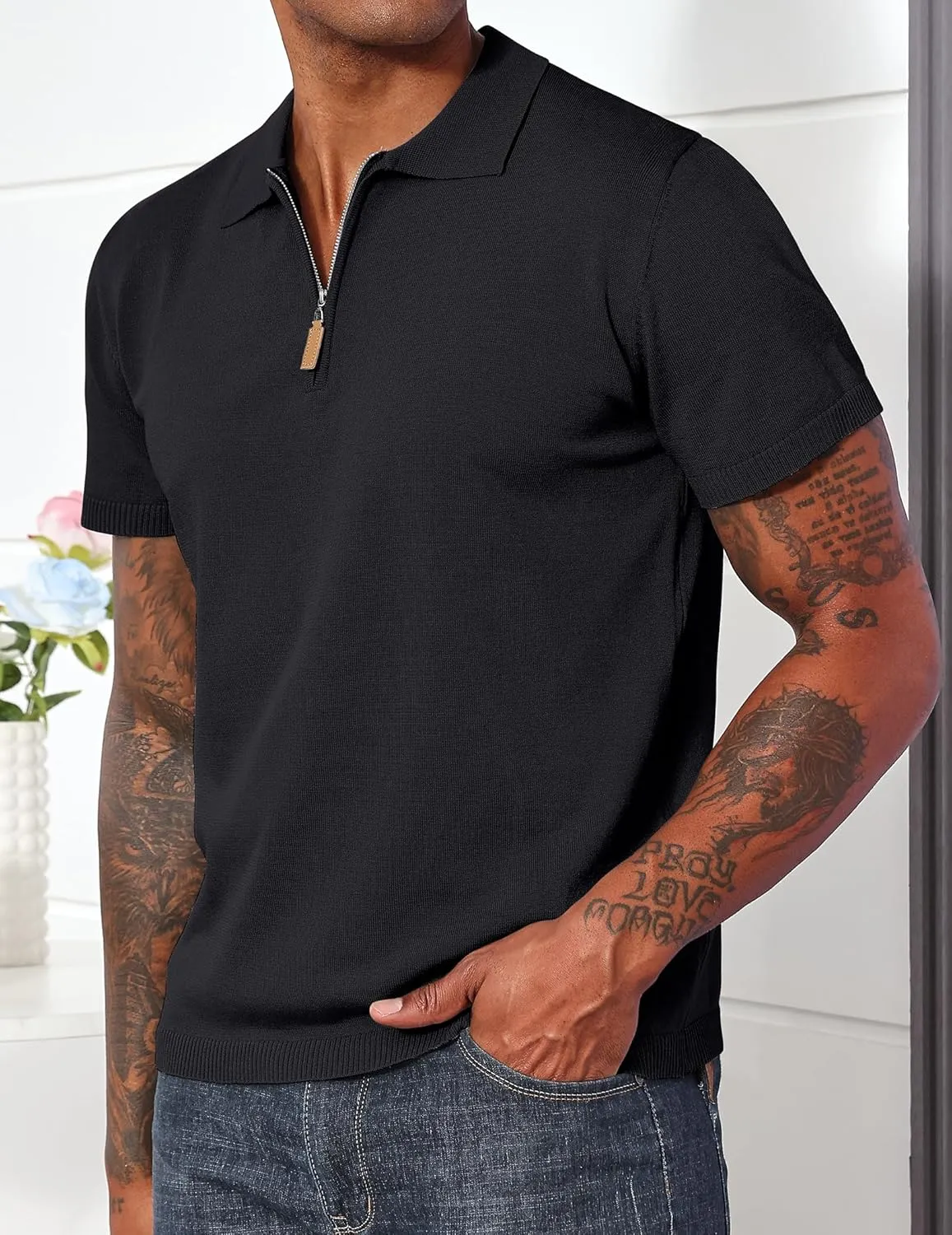 Men's Casual Zipper Polo Shirts Regular Fit Short Sleeve Knitting Shirts Stretchy Golf Shirts
