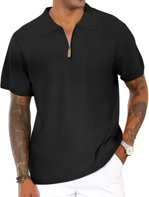 Men's Casual Zipper Polo Shirts Regular Fit Short Sleeve Knitting Shirts Stretchy Golf Shirts