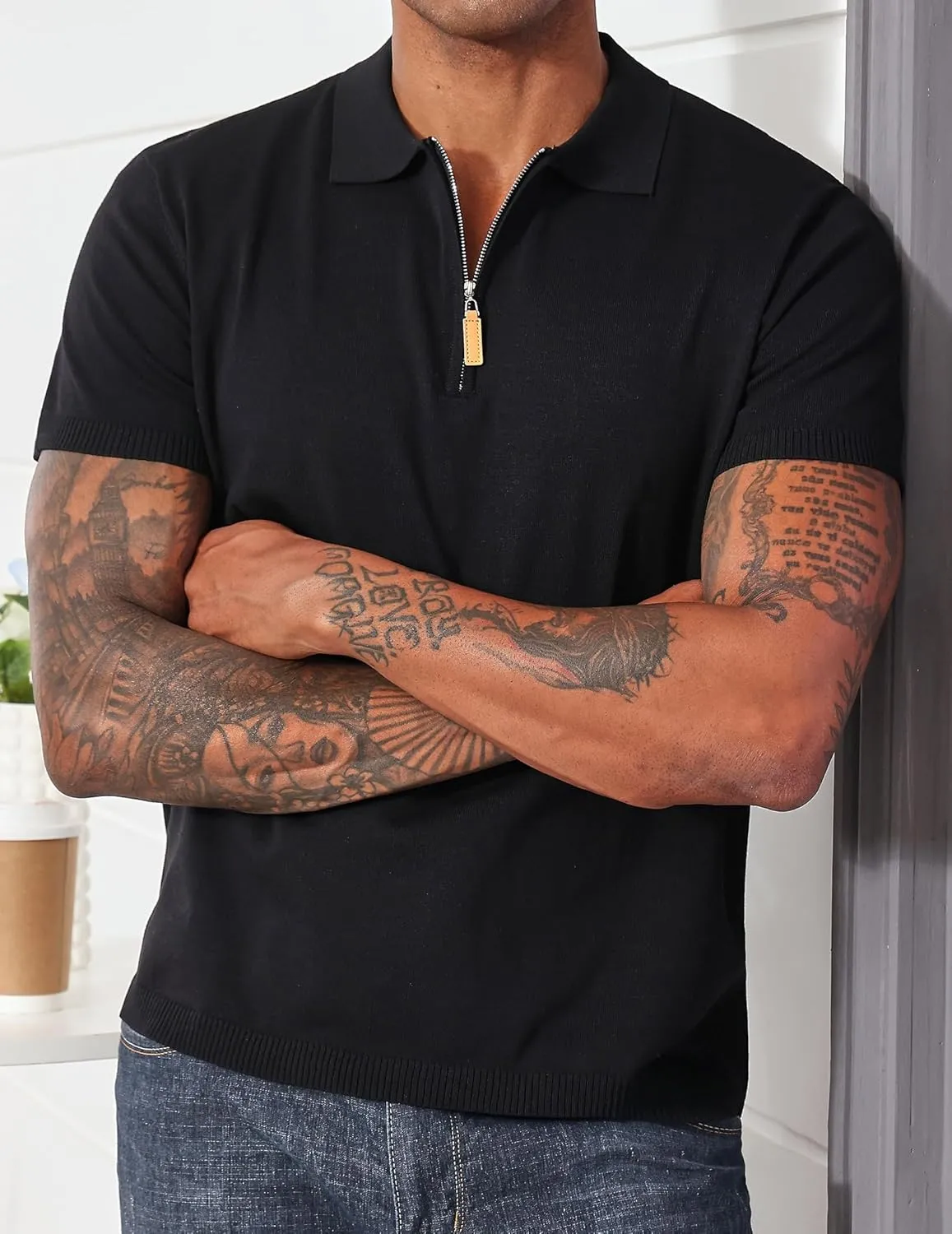 Men's Casual Zipper Polo Shirts Regular Fit Short Sleeve Knitting Shirts Stretchy Golf Shirts