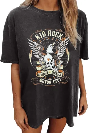 Oversized Rock Band T-Shirt Women Country Music Shirt Tops Nashville Music City Tshirt Vintage Guitar Wings Graphic Tees