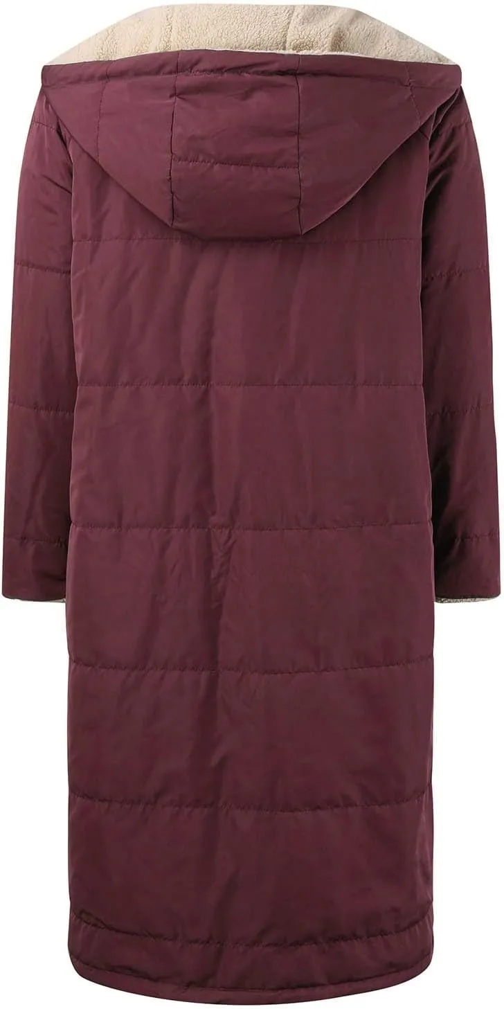 PeQAQ Womens Warm 2023 Winter Coats Reversible Sherpa Fleece Trench Coat Long Fleece Hooded Jackets Trendy Outerwear Overcoat