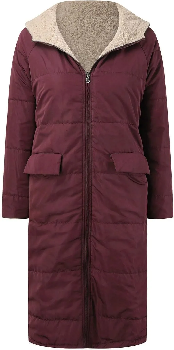 PeQAQ Womens Warm 2023 Winter Coats Reversible Sherpa Fleece Trench Coat Long Fleece Hooded Jackets Trendy Outerwear Overcoat
