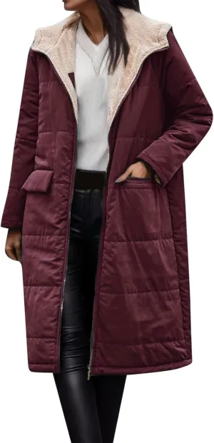PeQAQ Womens Warm 2023 Winter Coats Reversible Sherpa Fleece Trench Coat Long Fleece Hooded Jackets Trendy Outerwear Overcoat