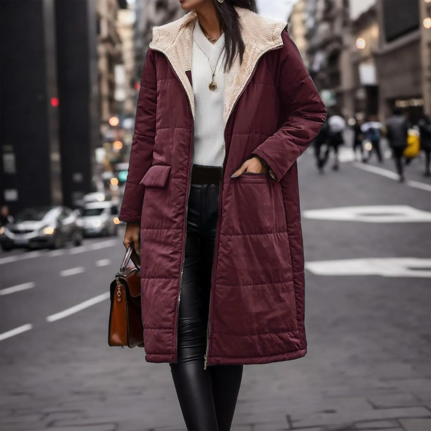 PeQAQ Womens Warm 2023 Winter Coats Reversible Sherpa Fleece Trench Coat Long Fleece Hooded Jackets Trendy Outerwear Overcoat