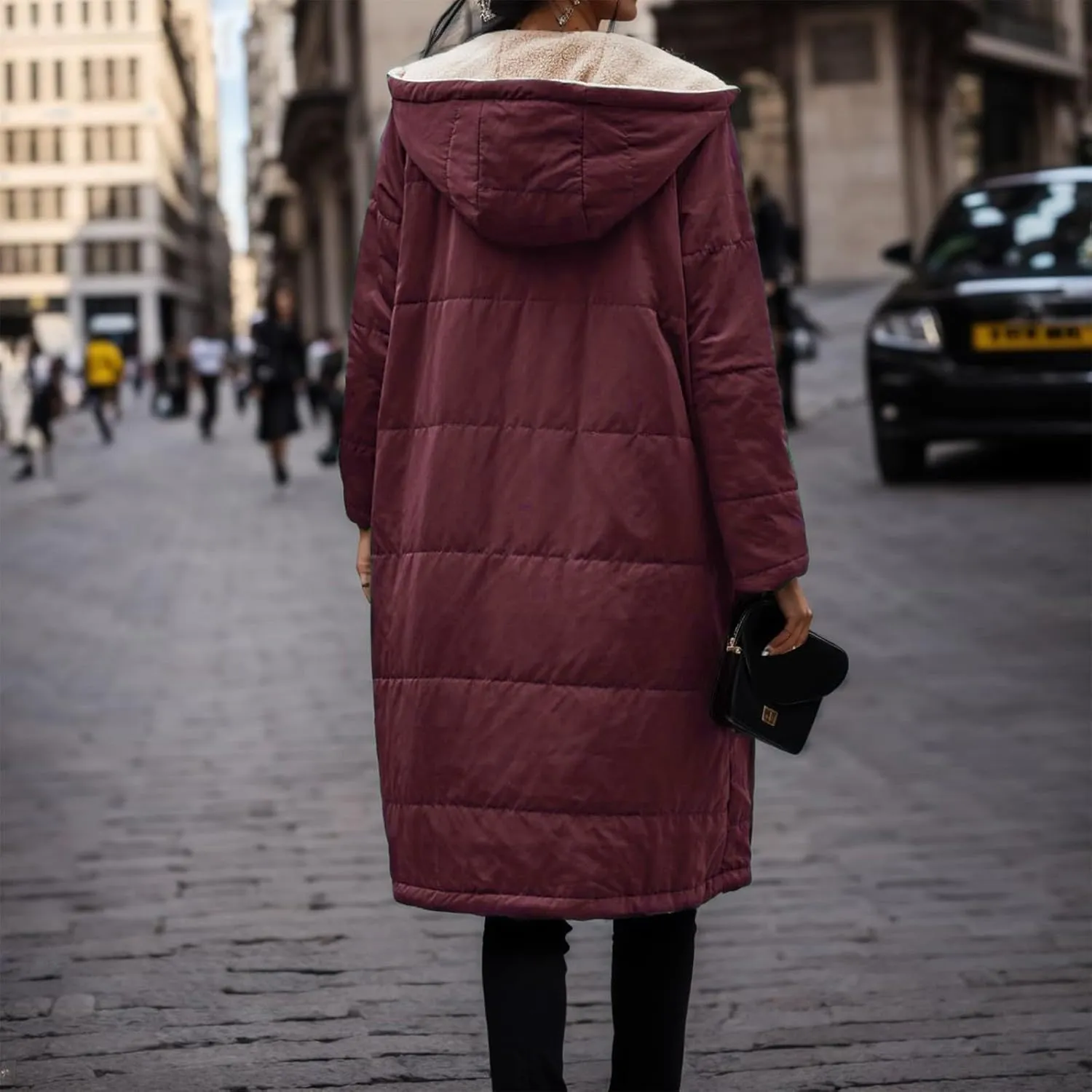 PeQAQ Womens Warm 2023 Winter Coats Reversible Sherpa Fleece Trench Coat Long Fleece Hooded Jackets Trendy Outerwear Overcoat