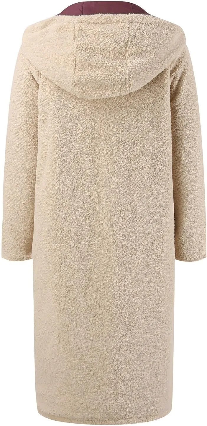 PeQAQ Womens Warm 2023 Winter Coats Reversible Sherpa Fleece Trench Coat Long Fleece Hooded Jackets Trendy Outerwear Overcoat