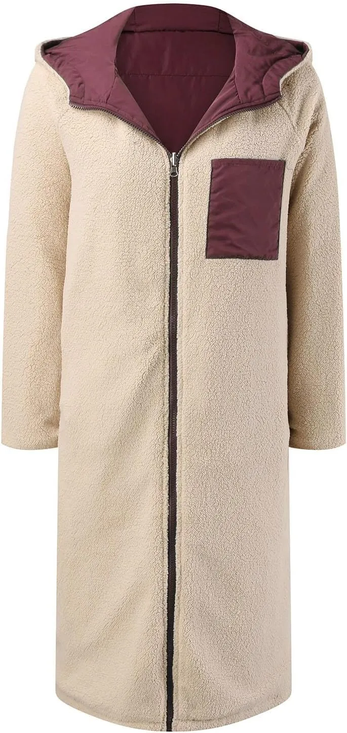 PeQAQ Womens Warm 2023 Winter Coats Reversible Sherpa Fleece Trench Coat Long Fleece Hooded Jackets Trendy Outerwear Overcoat