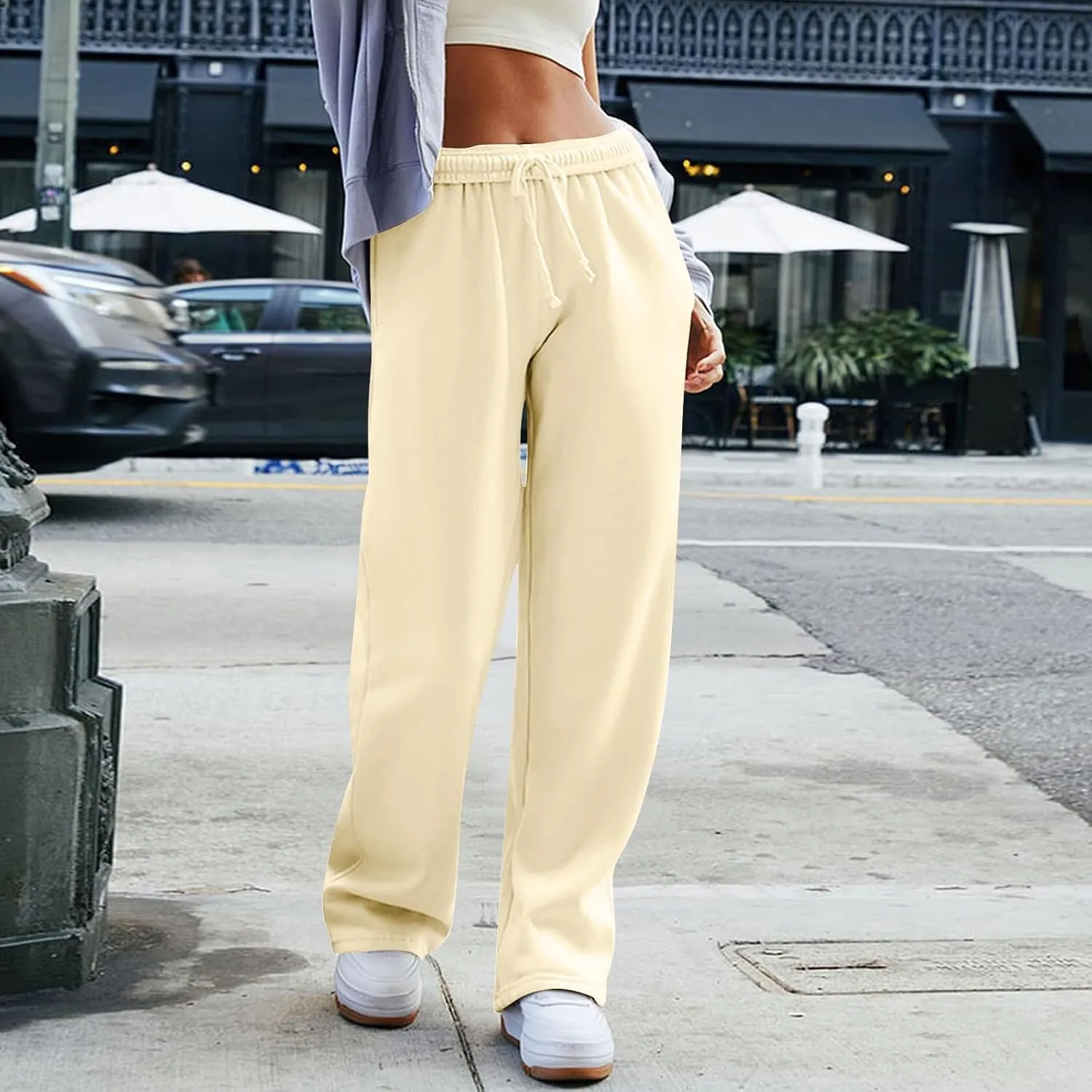 Sweatpants for Women Lightweight High Waisted Wide Leg Lounge Pants Interior Drawstring Athletic Joggers with Pockets