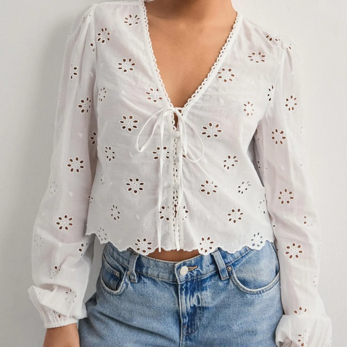 Women Tie Front Blouse Top Long Sleeve Eyelet Embroidered Hollow Out Beach Cropped Shirt Tops