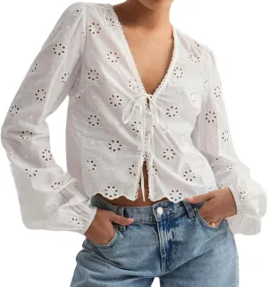 Women Tie Front Blouse Top Long Sleeve Eyelet Embroidered Hollow Out Beach Cropped Shirt Tops