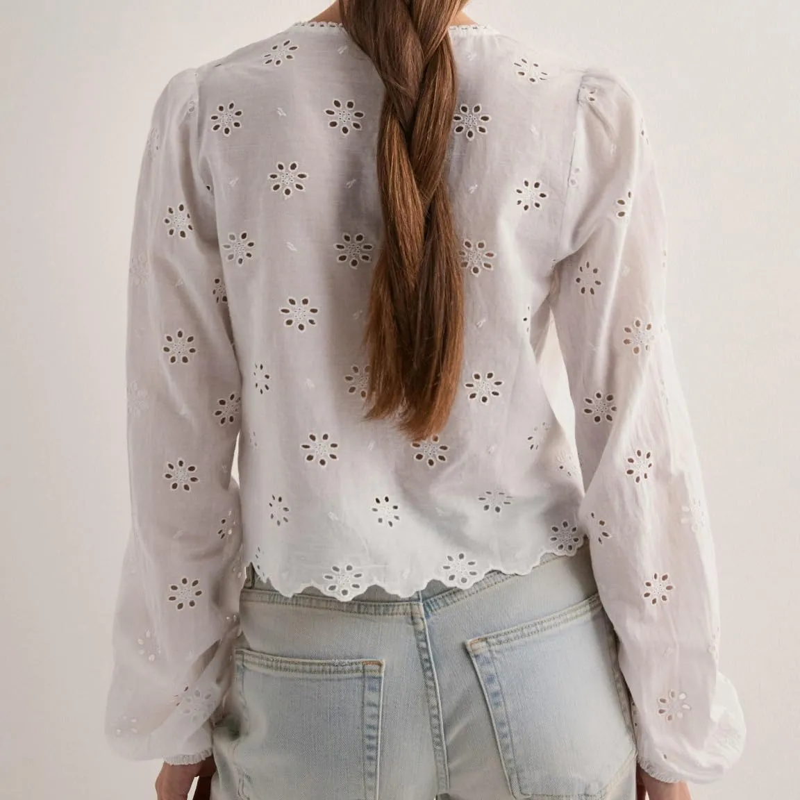 Women Tie Front Blouse Top Long Sleeve Eyelet Embroidered Hollow Out Beach Cropped Shirt Tops
