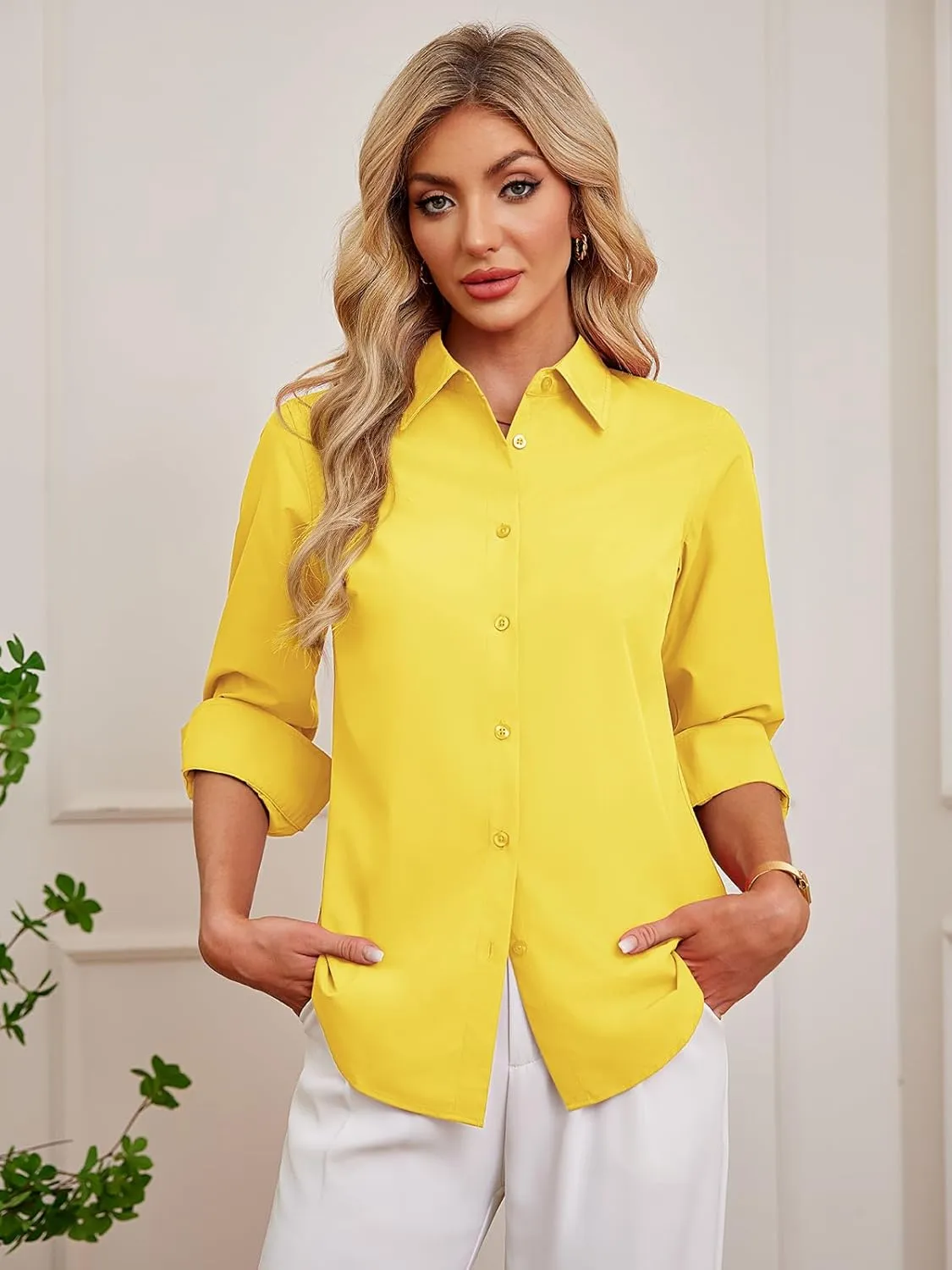 Women's Button Down Shirts Fitted Dress Shirts Collared Long Sleeve Wrinkle Free Blouse Formal Office Work Tunic Tops