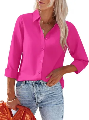 Women's Button Down Shirts Fitted Dress Shirts Collared Long Sleeve Wrinkle Free Blouse Formal Office Work Tunic Tops