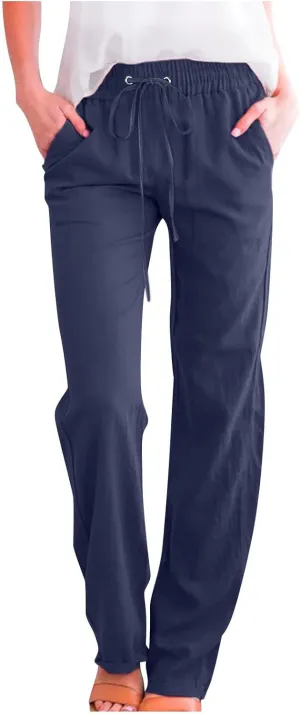 Womens Cotton Linen Pants Straight Leg Lounge Trousers High Waisted Casual Relaxed Fit Long Pant with Pocket