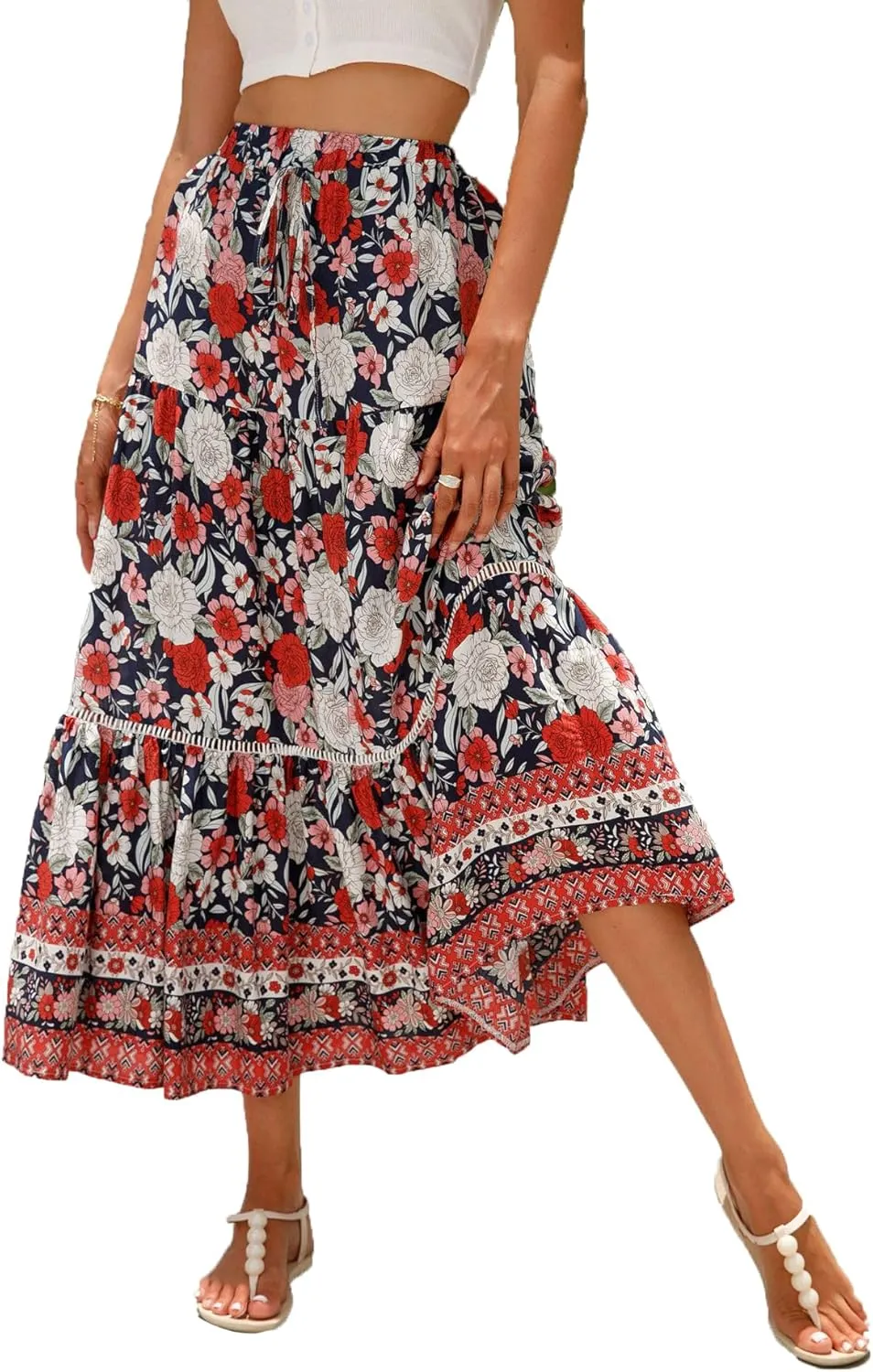 Women's Floral Boho Maxi Skirt Elastic High Waist Flowy A Line Bohemian Long Skirt