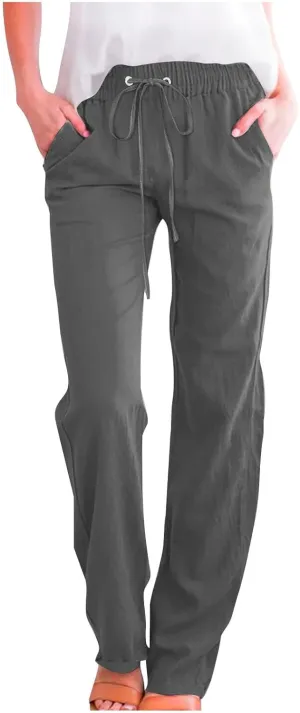 Womens Summer Cotton Linen Pants Drawstring Loose Comfy Elastic Waist Straight Leg Trousers Solid Casual Beach Pants