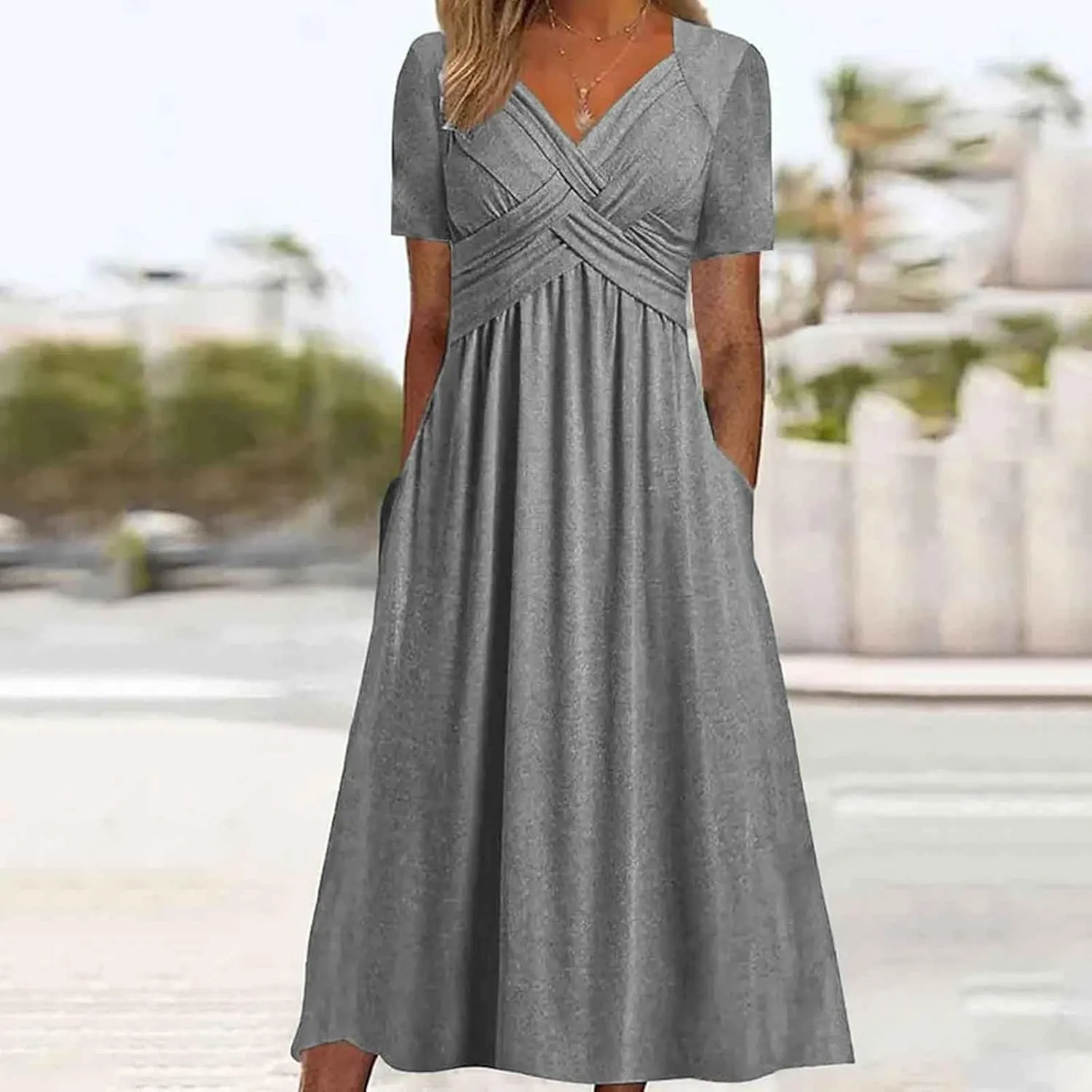 Women's Summer Dresses Short Sleeve V Neck Casual Boho Maxi Beach Dress Plus Size Flowy Long Sundress with Pockets