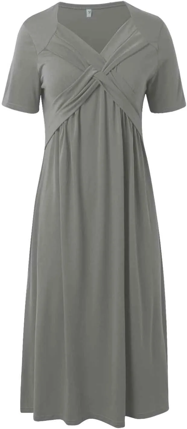 Women's Summer Dresses Short Sleeve V Neck Casual Boho Maxi Beach Dress Plus Size Flowy Long Sundress with Pockets